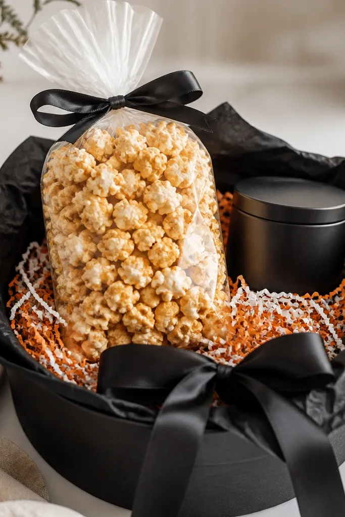 A round gift basket lined with black tissue paper. A clear cellophane bag of kettle corn sits upright in the center, with a small matte-black jar labeled 'sea salt' tucked behind it. The top layer shows orange-and-white striped paper crinkles and a black ribbon bow.