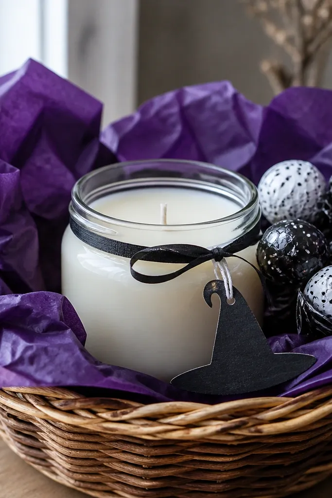 A basket with deep purple tissue paper. In the center sits a short glass jar candle wrapped with a thin band of black ribbon. A handmade cardstock tag shaped like a tiny witch hat hangs from the ribbon with a white string, and the top holds a few black-and-white wrapped chocolates.