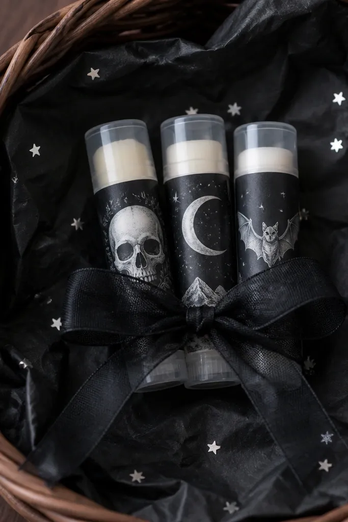 A basket lined with black tissue. Three small lip balms in twist-up tubes sit in a cluster, each with a different spooky label (skull, moon, bat). A black organza ribbon is tied into a loose bow around the cluster, and tiny silver stars dot the tissue.