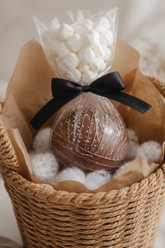 A tall basket with kraft paper at the base. Centered is a cocoa bomb in a clear sleeve with a black ribbon. On top sits a small bag of marshmallows tucked upright like a cloud, and white faux cotton is lightly scattered around the base.