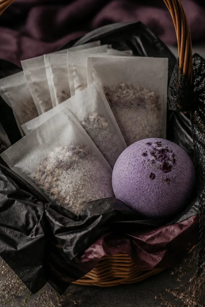 A basket wrapped in black tissue with a hint of plum underneath. Several small bath soak sachets are stacked in a fan shape. A black lace ribbon wraps around the basket handle area, and the top has a single purple bath bomb nestled beside the sachets.