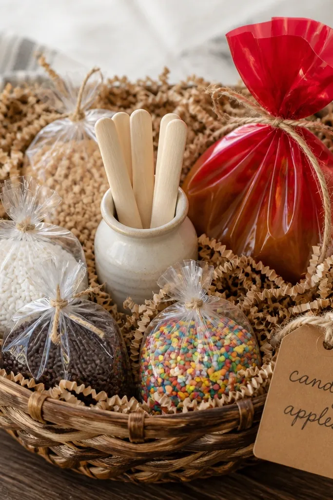 A basket lined with kraft crinkle paper forming a nest. Inside are small bags of apple toppings and a mini stick holder. A red cellophane bag of caramel topping sits upright, and a handwritten 'candy apples' tag hangs from twine.