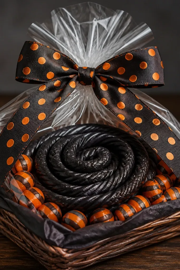 A narrow basket with a base of black tissue. A thick black licorice rope is coiled on top like a snake. Around it are orange-and-black striped candies, and the top is wrapped with a ribbon that has orange polka dots.