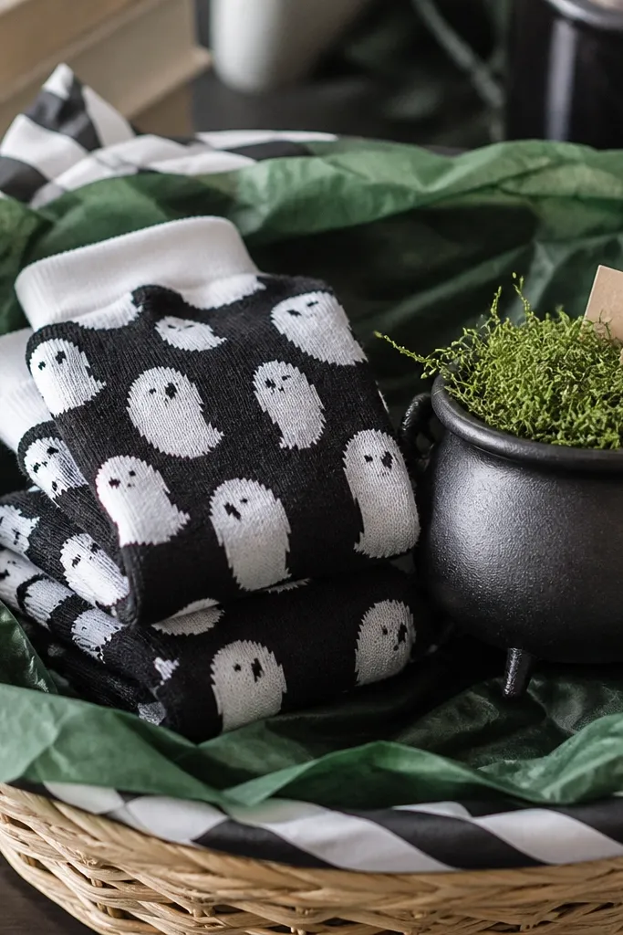 A basket with green tissue and a black-and-white striped liner. On top are folded socks with a ghost pattern. Beside them sits a small metal cauldron planter with faux moss, and a tiny plant tag peeks out.