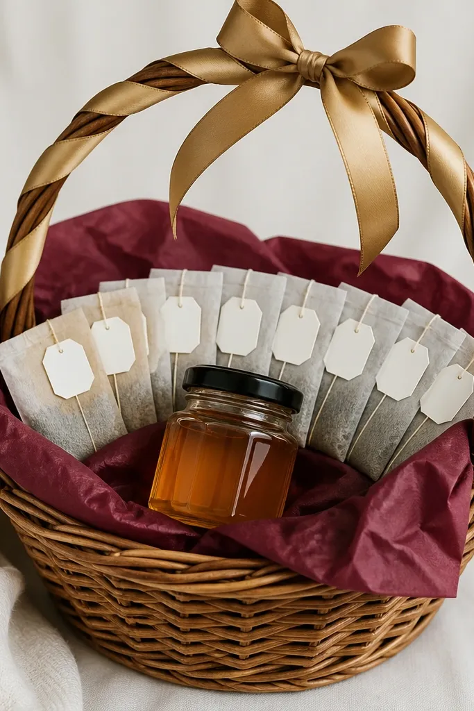 A basket with burgundy tissue paper. A row of tea sachets lies fanned on top, each tag facing up. A small glass honey jar with a black lid sits in front, and a gold ribbon wraps the basket handle.