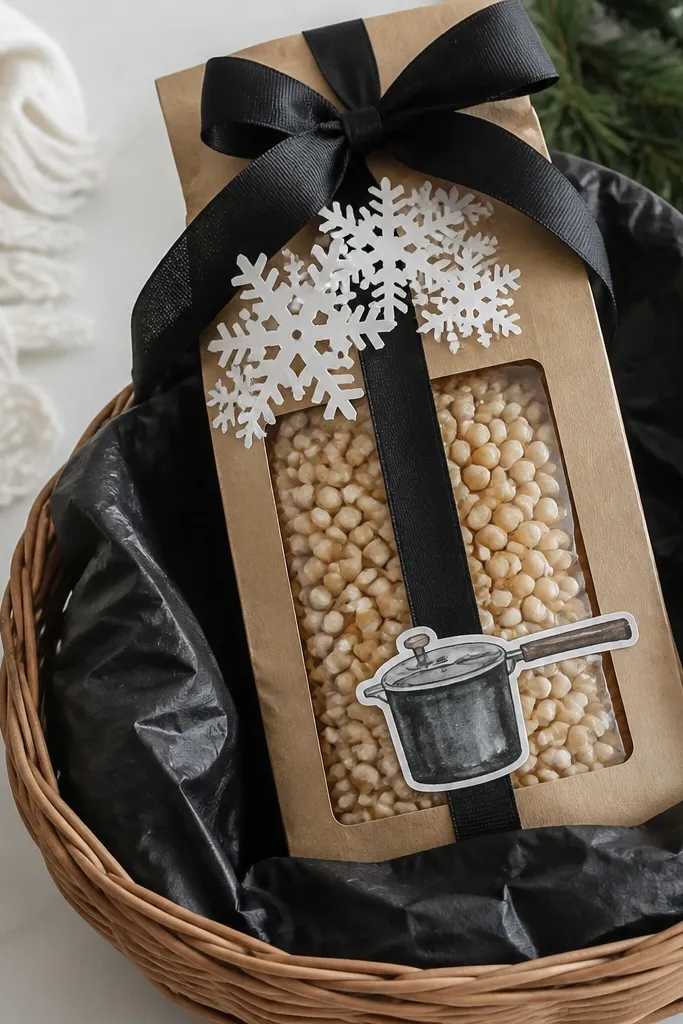 A basket lined with black tissue. A tall popcorn bag with a clear window stands upright. A small die-cut sticker shaped like a stovetop popper is placed on the bag, and the top layer includes white paper snowflake cutouts and a black ribbon bow.