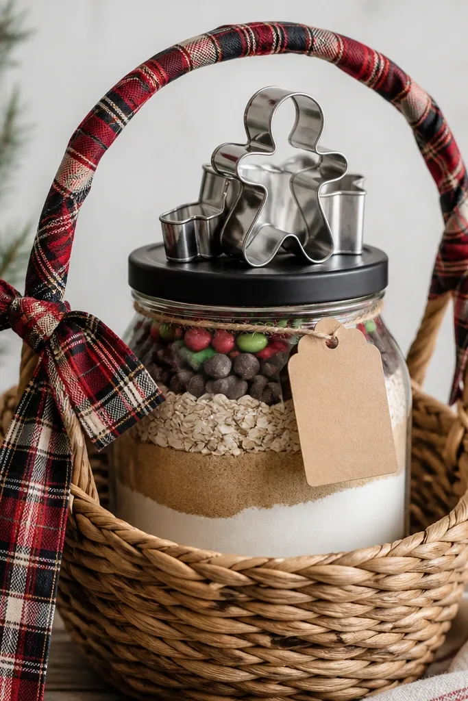 A basket with red plaid ribbon wrapped around the handle area. Inside is a glass jar filled with cookie mix, sealed with a black lid. A small stack of cookie cutters sits on top, and a kraft tag with 'mix + bake' hangs from twine.