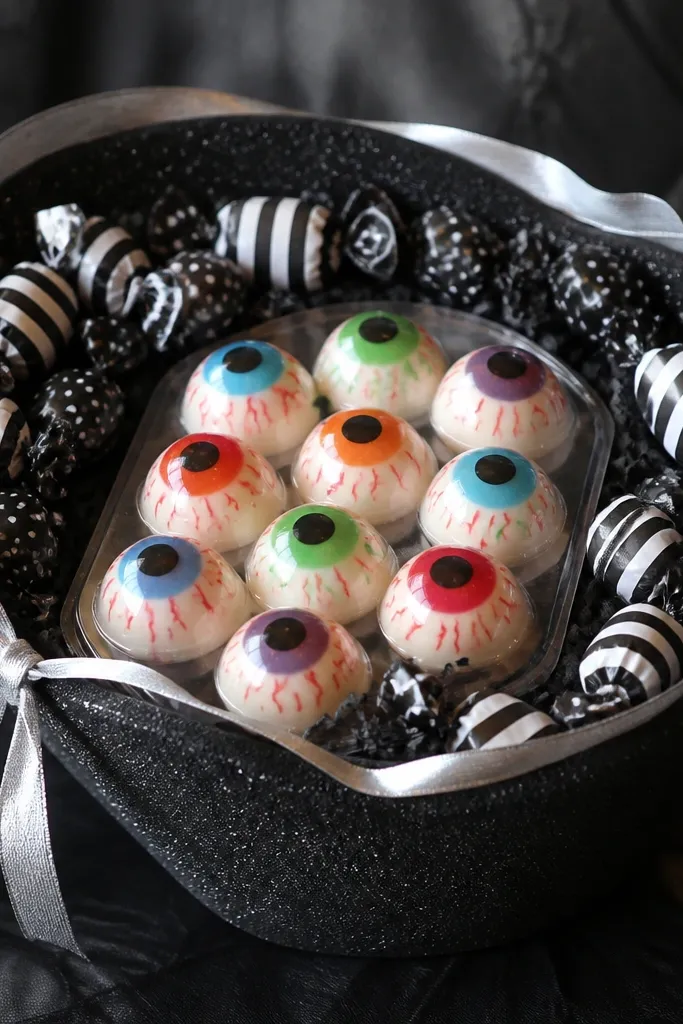 A basket with a base made of black glitter foam sheets cut into a curved shape. Centered are gummy eyeballs in a clear plastic tray. Around them are small black-and-white wrapped candies, and a thin silver ribbon frames the top.