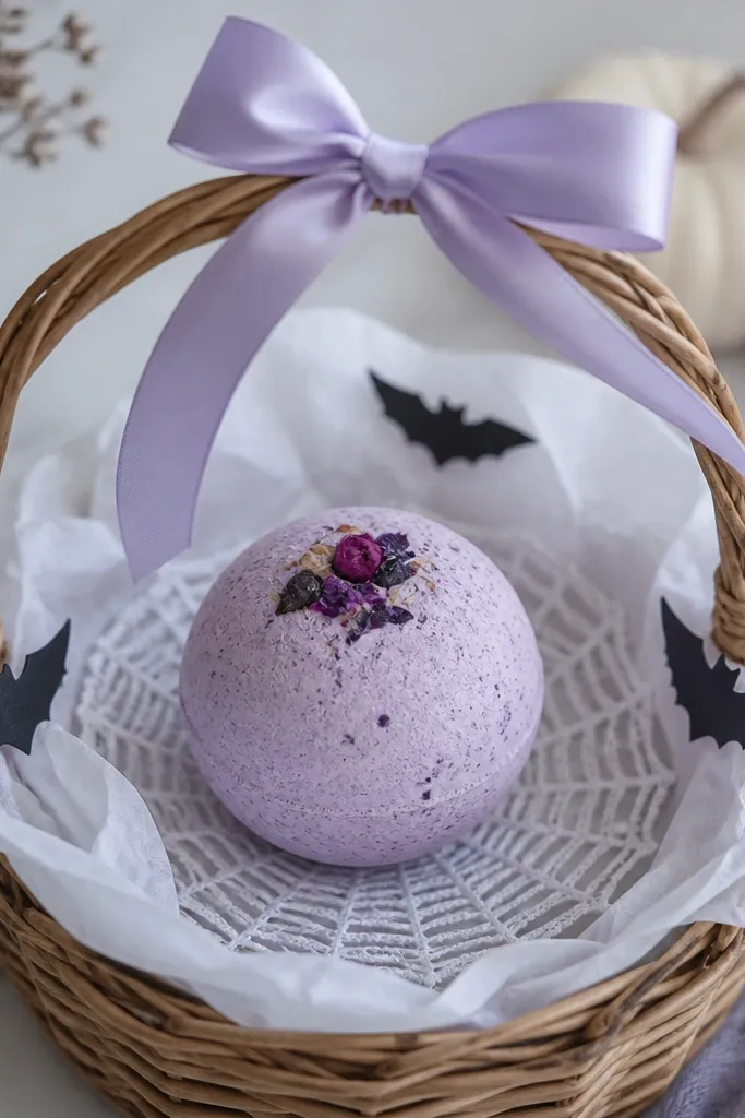 A basket lined with white tissue. A single large bath bomb sits centered on top of a white faux spiderweb doily. Tiny black bats are stuck near the rim, and a pale lavender ribbon ties the handle.