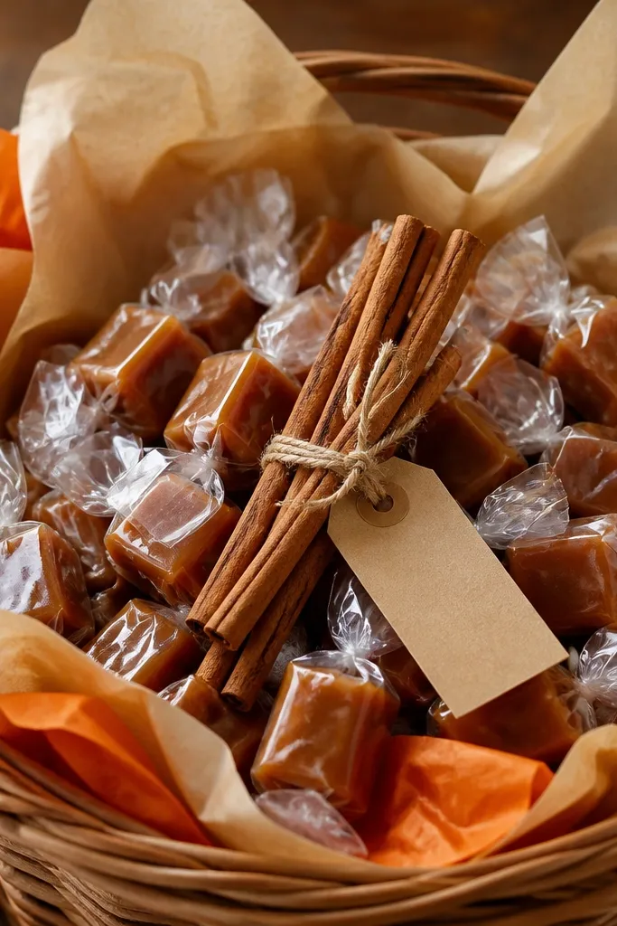 A basket with tan kraft lining and orange tissue peeking underneath. Centered are wrapped apple cider caramel candies in warm brown tones. A bundle of cinnamon sticks ties to a small kraft tag, and the sticks lean outward from the center.