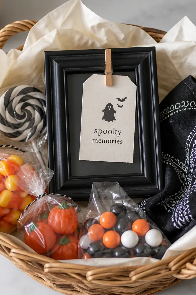 A basket with cream tissue paper. A small black mini photo frame sits upright in the center with a 'spooky memories' tag clipped to it. Around the frame are small candy packs and a folded black-and-white bandana.