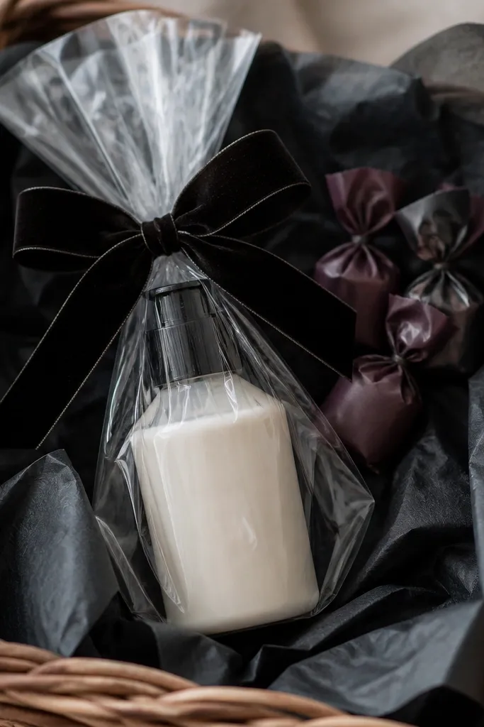 A basket with charcoal tissue. In the center sits a small hand lotion bottle wrapped in a thin clear bag. A black velvet ribbon bow is tied around the bottle neck, and the top includes a few black-and-plum wrapped candies.