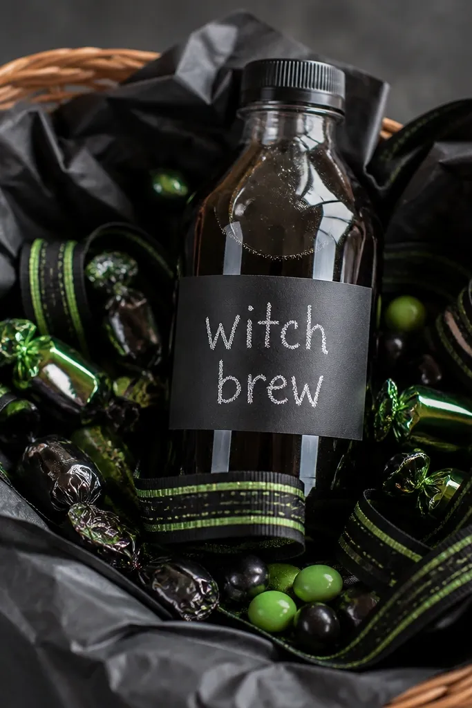 A basket lined with black tissue. A mini bottle of soda stands upright in the center. A chalkboard-style label strip wraps around the bottle with 'witch brew' written in white chalk marker. Around it are small candy pieces and a ribbon that's black with green accents.