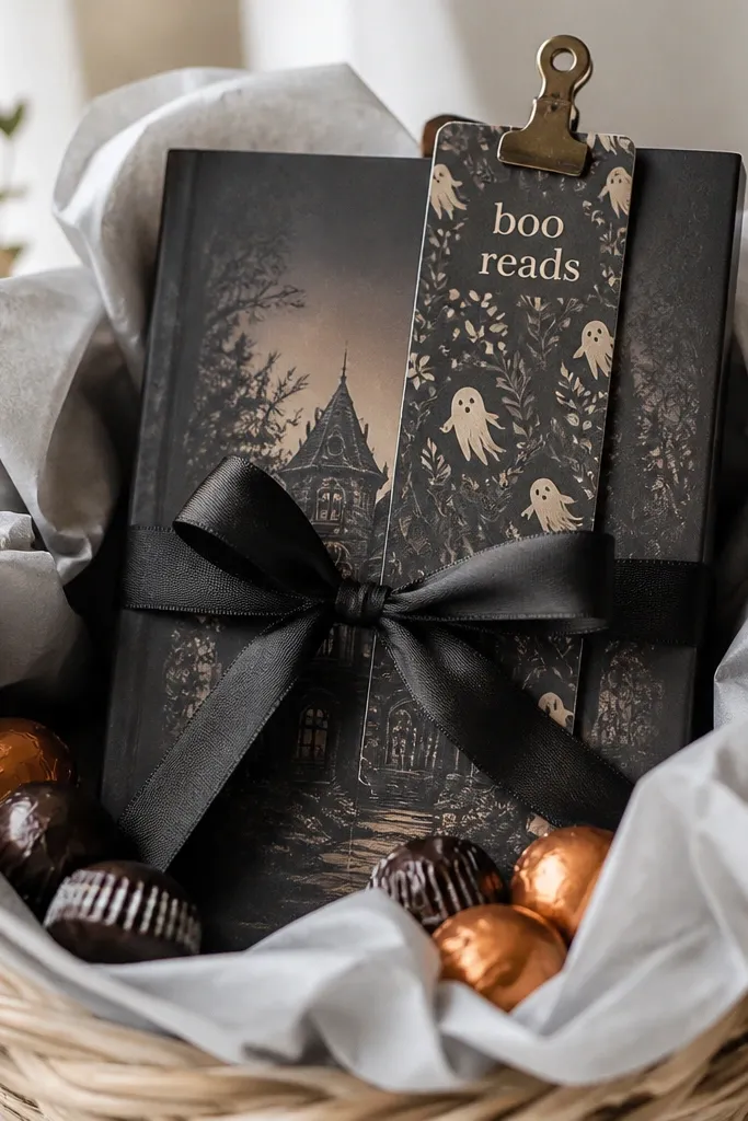 A basket with light gray tissue. A small paperback sits upright in the center with a black ribbon tied around the book. A metal clip holds a patterned bookmark that says 'boo reads' at the top edge. A few mini chocolates are tucked around the bottom.