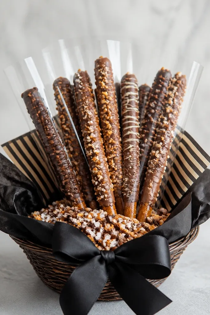 A basket lined with black tissue. Several chocolate-covered pretzel rods stand upright in a clear bag with black striped paper wrap. A small pile of crushed candy topping sits at the base, and a black ribbon bow sits at the front.