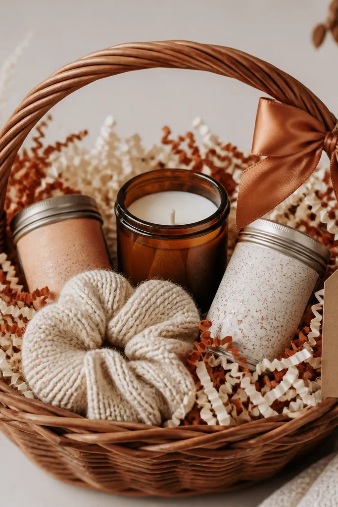 A wicker basket lined with cream and burnt-orange crinkle paper. A small amber glass candle sits in the center, surrounded by two mini cocoa tins and a cream knit scrunchie. A copper bow wraps the handle, with a kraft tag attached.
