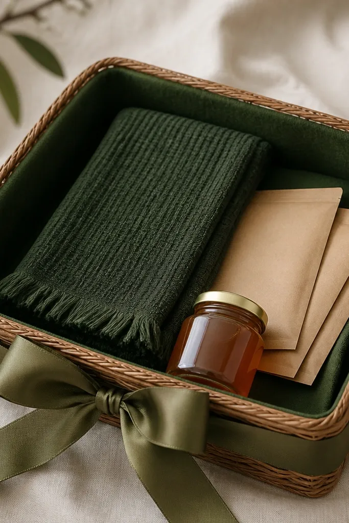 A rectangular basket with deep green felt lining. A folded dark green tea towel lies across the middle. Four tea sachets in kraft envelopes are fanned beside a small jar of honey. A bow made from olive ribbon sits at the front.