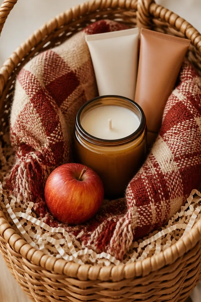 A tall basket with a base of light cream crinkle paper. A folded red-and-cream plaid scarf wraps around a small apple cider scented candle. Two mini hand lotions are tucked behind, and a faux mini apple sits near the front.