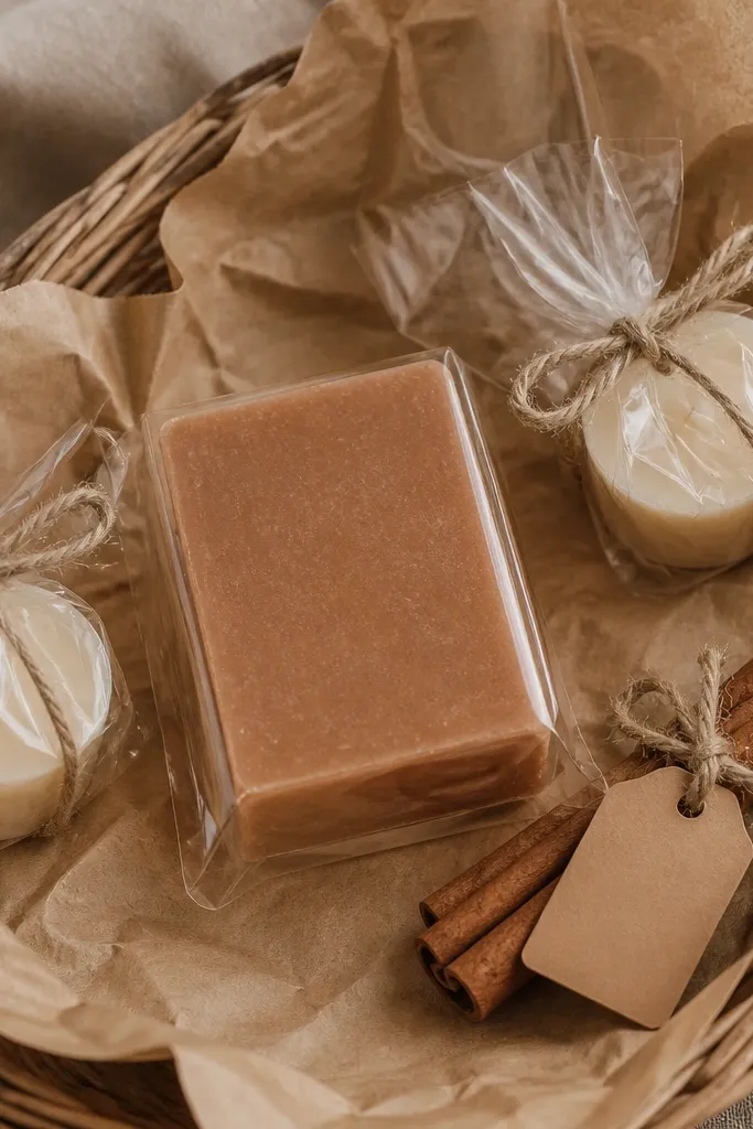 A wicker basket lined with kraft paper sheets. Centered is a cinnamon-colored soap bar in clear wrap. Around it are two small wrapped candles and a cinnamon stick tied to a kraft tag. Everything looks monochrome brown and cream.