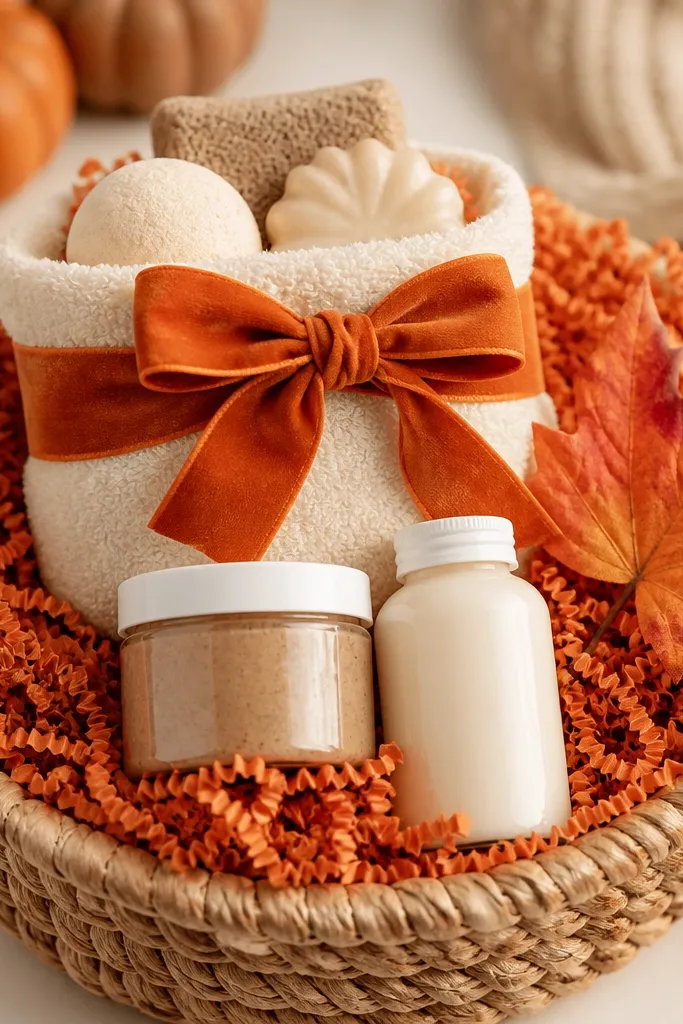 A round basket with orange crinkle paper. A pumpkin spice bath set is wrapped in a small towel and tied with a velvet orange bow. A mini scrub and body lotion sit in front, with a faux leaf tucked to the side.