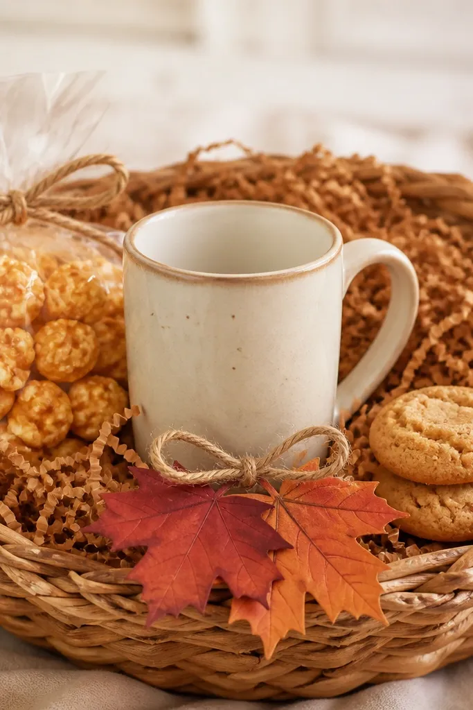 A mug sits upright in the center of a basket filled with caramel-colored shredded paper. Maple leaf cutouts are attached to a twine bow. A small bag of caramel popcorn and two mini cookies are stacked around the mug.