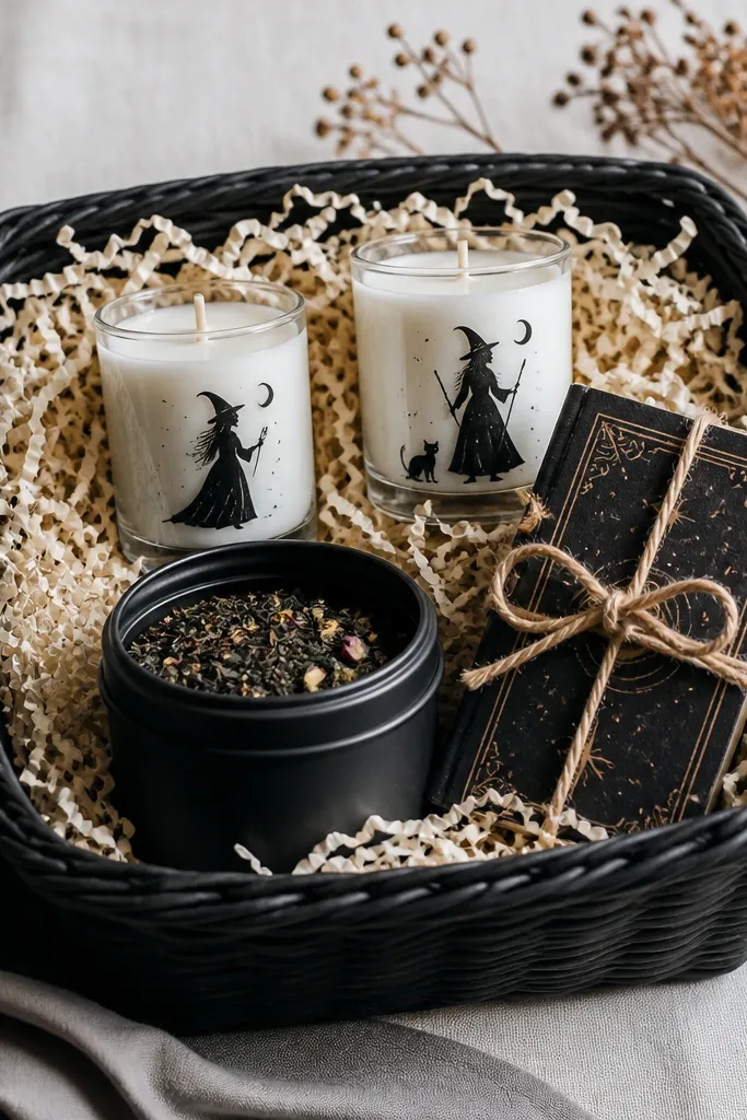 A black basket with cream crinkle paper. In the center are two small white candles with subtle witch silhouettes. A black tea tin sits slightly forward, and a mini spellbook-style card is tucked under twine.