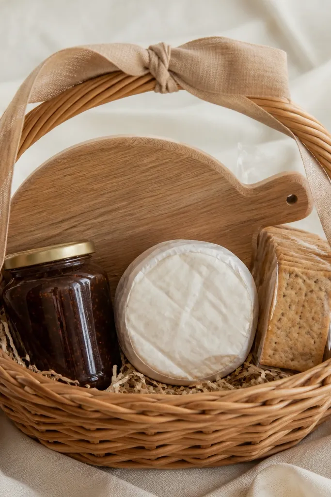 A wicker basket with a small wooden cheese board lying flat on top of cream fabric. A jar of fig jam, a wheel of brie-style cheese (wrapped), and a pack of crackers are arranged neatly. A linen ribbon in tan wraps the handle.