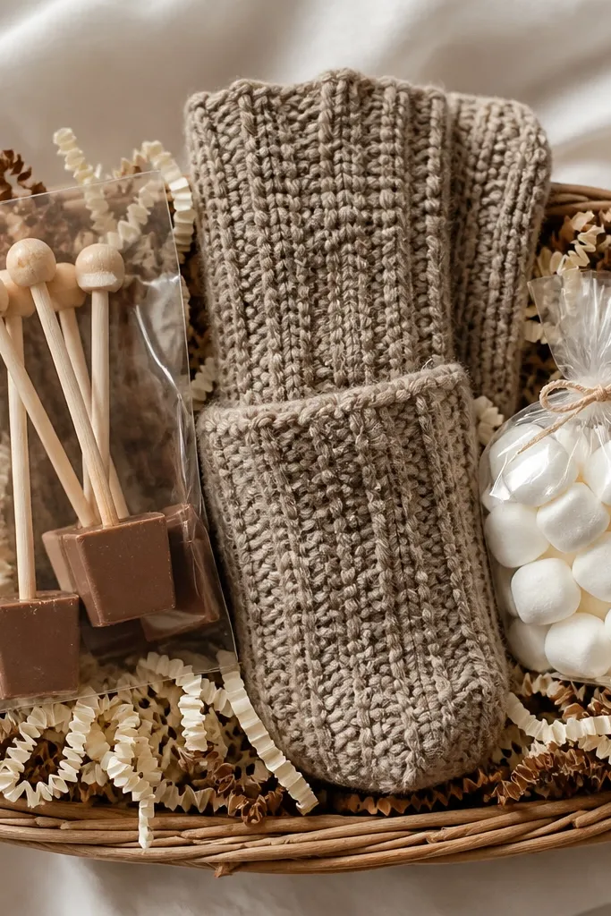 A basket filled with cream and cocoa-brown crinkle paper. A pair of chunky knit socks are rolled and stacked in the center. Hot chocolate stir sticks sit in a clear pouch, and a small marshmallow bag is tucked to the side.