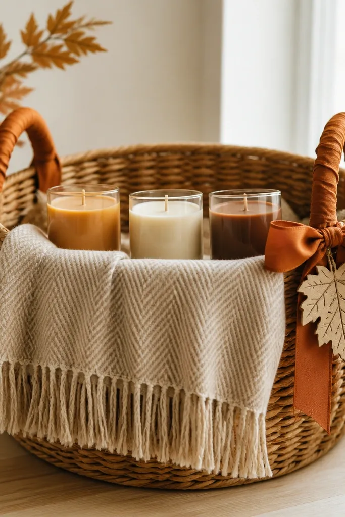 A large basket with a folded mini throw blanket draped over the front. Three small candles in different autumn scents sit in a row on top of the blanket. Burnt orange ribbon wraps the handles, with a leaf-shaped tag.