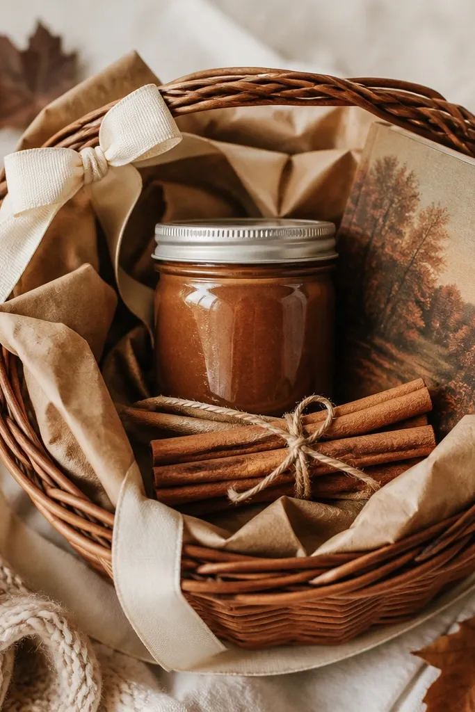 A basket with brown paper lining and cream ribbon. A small jar of apple butter sits centered. Cinnamon sticks are tied as a bundle and placed at the front, next to a small paperback book with a muted fall cover.