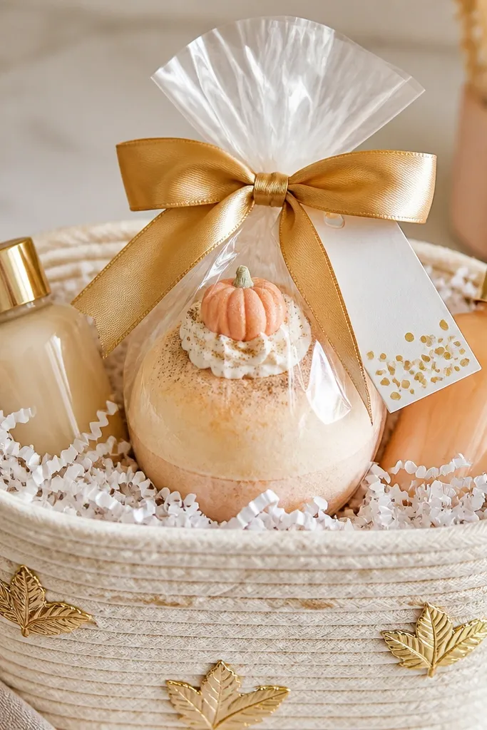A basket with white crinkle paper and small gold leaf decals on the sides. A pumpkin latte bath bomb sits in the center wrapped in clear cellophane. Two mini lotions are tucked around it. A gold ribbon bow and a tag with tiny gold confetti pieces are attached.