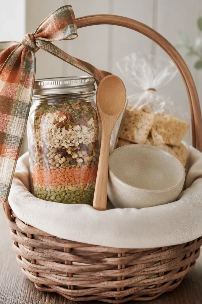 A basket with cream fabric lining. A jar of soup mix sits upright with a maple wood spoon leaning in front. A small bowl and a packet of crackers are tucked beside. A plaid ribbon wraps the handle.