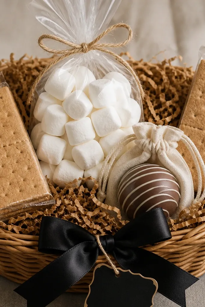 A basket with toasted-brown shredded paper. A bag of marshmallows sits in the center with a small cocoa bomb pouch beside it. Two graham cracker packs are stacked on the sides. A black ribbon bow and a small chalkboard-style tag sit at the front.