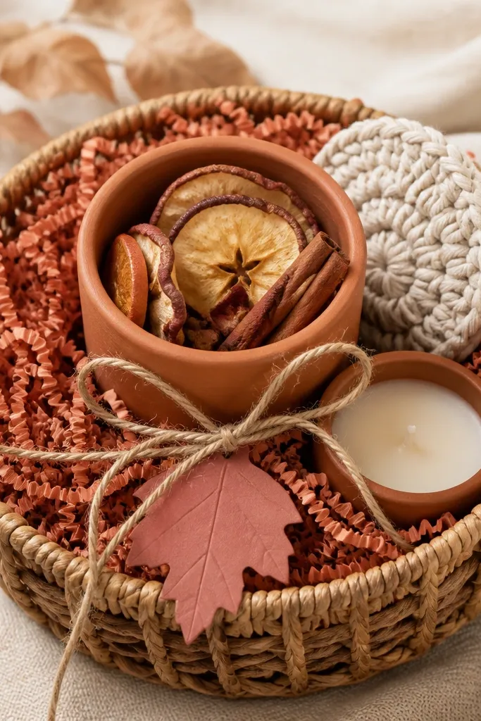 A basket with terracotta-colored crinkle paper. A small terracotta planter sits in the center holding cinnamon apple potpourri. A mini candle and a knit coaster are tucked around. A twine bow and a small paper leaf tag finish the look.