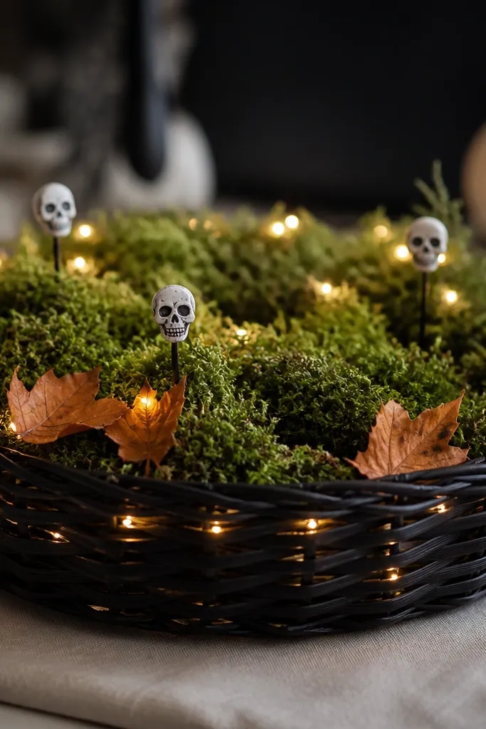 A shallow black wicker basket filled with a thick, uneven layer of green faux moss on top. Warm white LED string lights are woven through the moss and around the inside rim. Small black-and-white faux skull picks and a few dried orange leaves sit near the front. The lights glow softly against the basket, with the battery pack hidden underneath the moss layer.