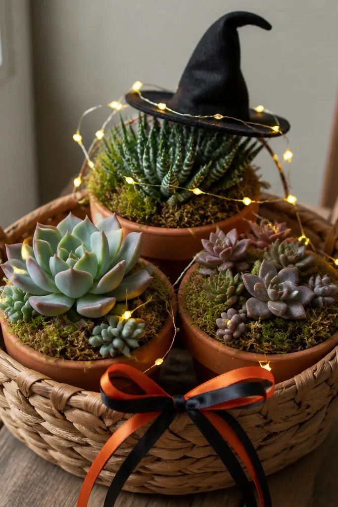 A medium-sized woven basket with three small terracotta pots nested inside. Each pot holds a different succulent arrangement in muted greens and dusty purple. A small black witch hat sits on top of the moss layer, and a few warm white micro LED lights are wrapped around the hat brim and draped between succulents. A thin ribbon bow in orange and black sits at the front.