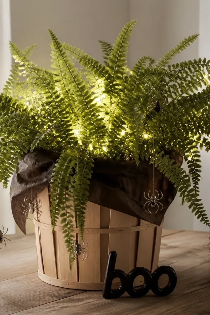 A tall, light-wood basket lined with dark brown paper. Inside are real-looking fern fronds spilling outward. White battery LED lights are tucked behind the fern so they shine through the leaves, creating ghostly light patches. A small black ceramic "boo" sign stands at the base, and a few silver spider ornaments hang from thin wire.