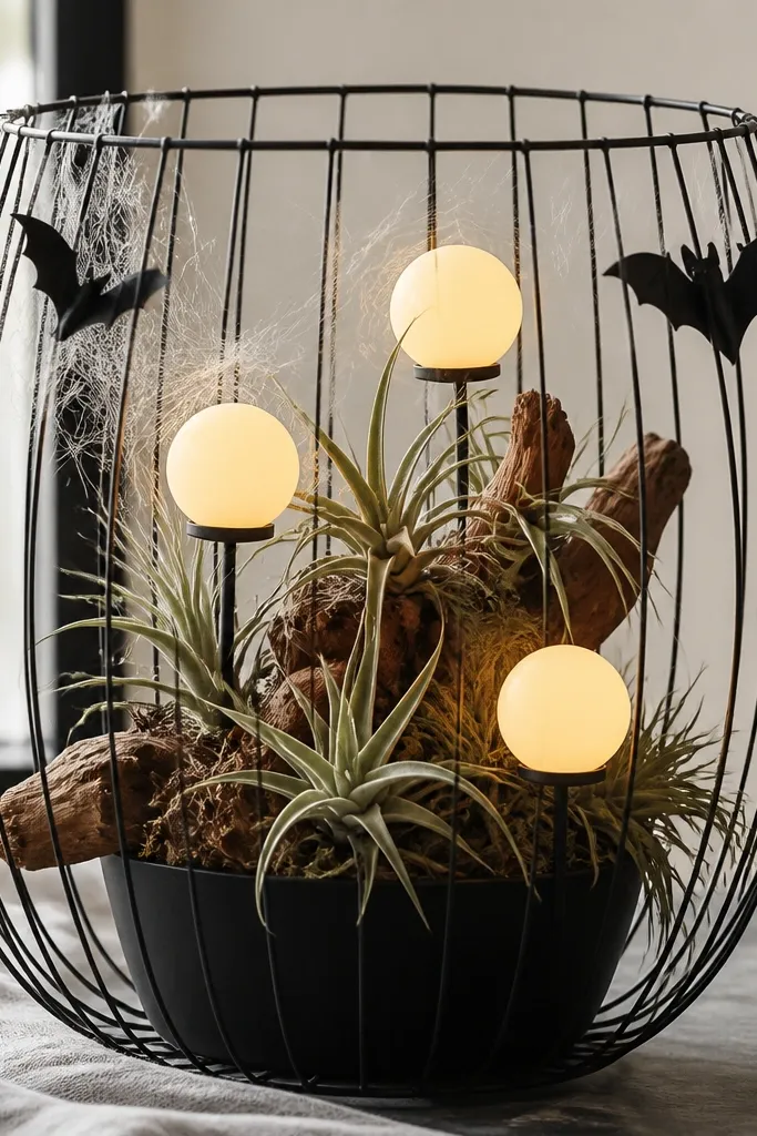 A black metal basket with a matte finish. A black pot sits in the center holding several air plants attached to small driftwood. Three warm white LED tea-light style bulbs are placed at different heights, creating floating orb light. Thin strands of faux cobweb lace drape from the rim, and a couple of tiny bats made from felt hang near the top edge.