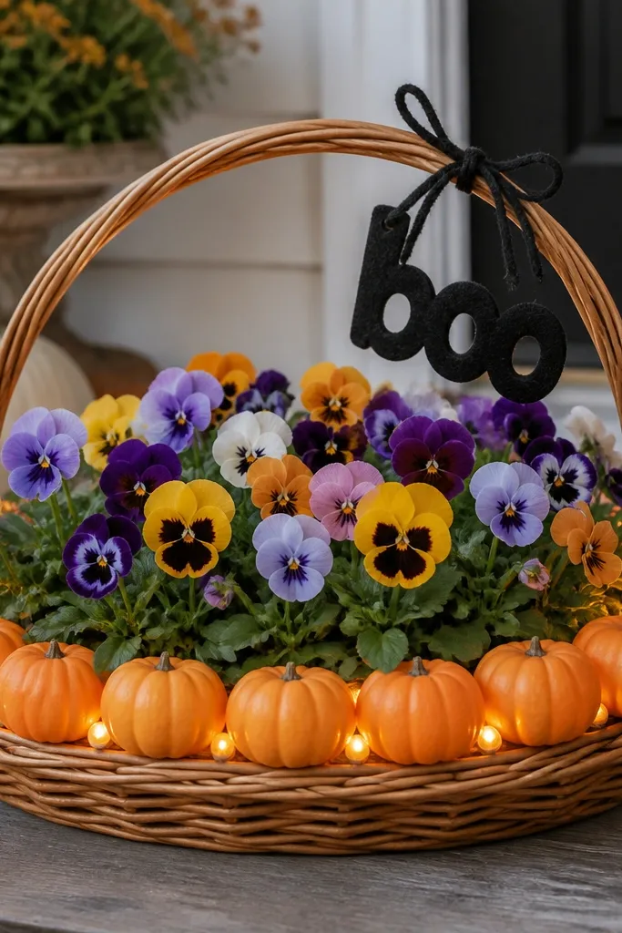 A wide basket with a foam base shaped like a low mound. A ring of small orange faux pumpkins lines the rim. Orange-tinted LED fairy lights are tucked under the pumpkins so the glow shows through gaps. Inside, small live pansies sit in a cluster, and the front has a black felt "boo" tag tied to the handle.