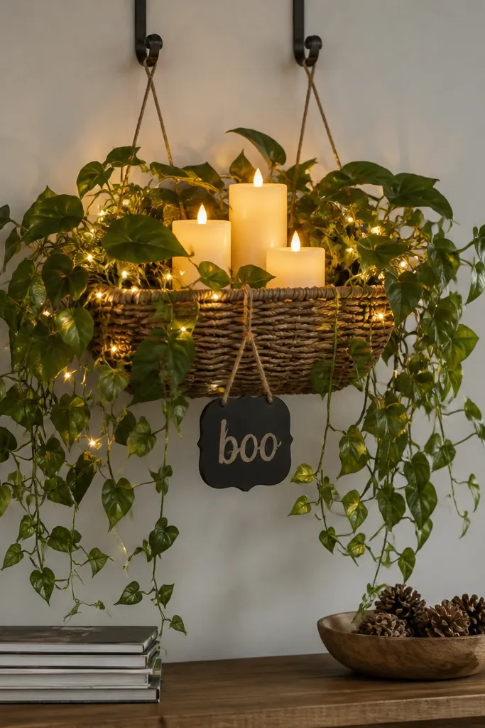 A small basket hung from two hooks above a entry table. Inside are cascading trailing vine plants spilling over the sides. Three warm white LED candle bulbs sit inside the base, their light reflecting on the glossy leaves. A string of tiny white LED lights is woven between the vines and the basket rim. A small sign with a "boo" word hangs from the front.