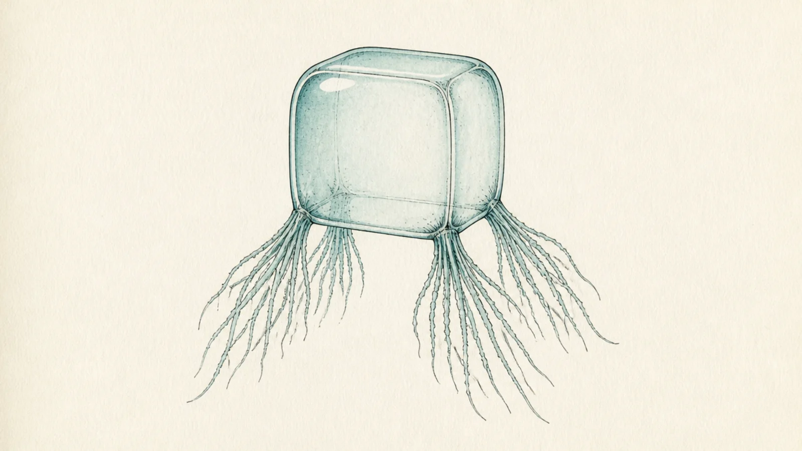 A classic box jellyfish with a cube bell and four corner tentacle bundles