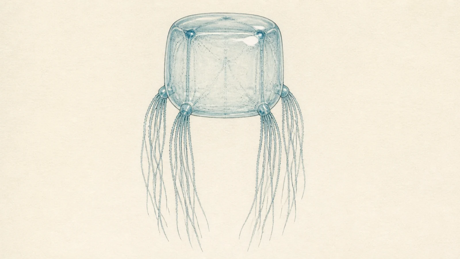 A see-through glass-like box jellyfish with visible far edges