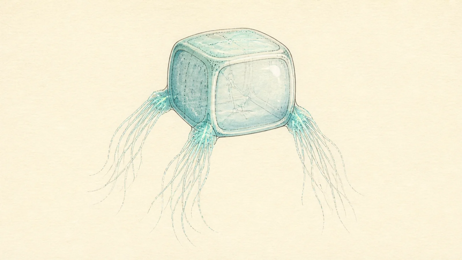 A box jellyfish glowing pale blue against a dark background