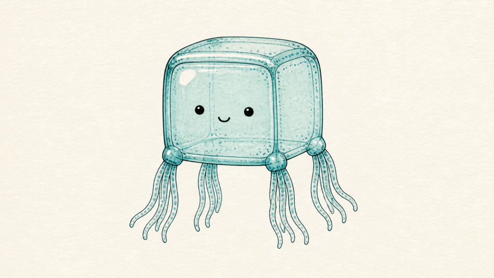 A kawaii box jellyfish with a cube bell and a small face