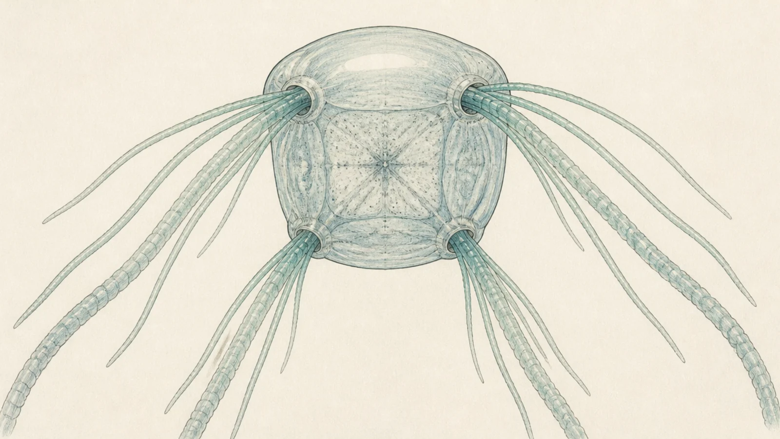 A box jellyfish seen from below looking up at the cube