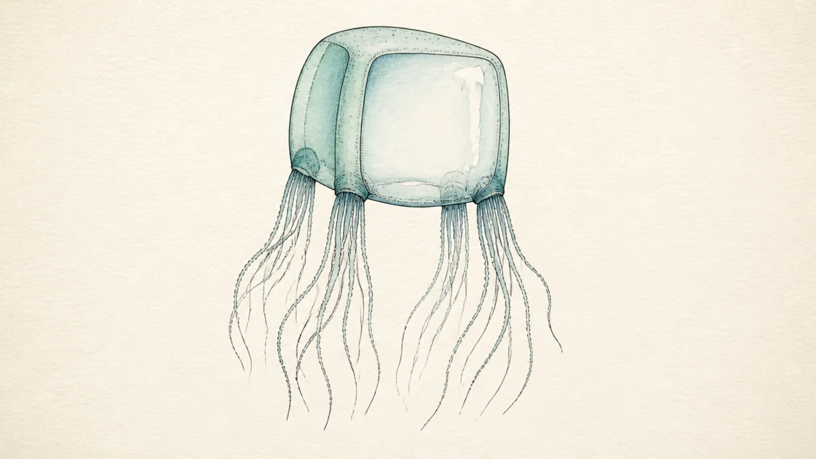 A box jellyfish painted in soft pale blue-green watercolor