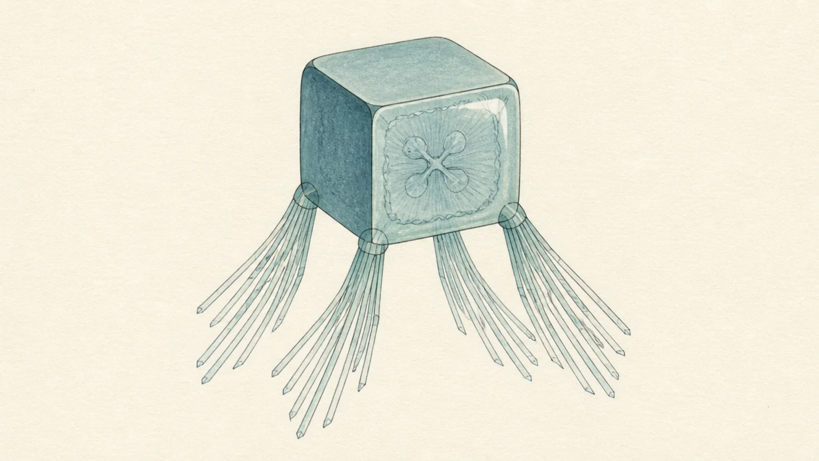 A stylized geometric box jellyfish with clean faceted faces