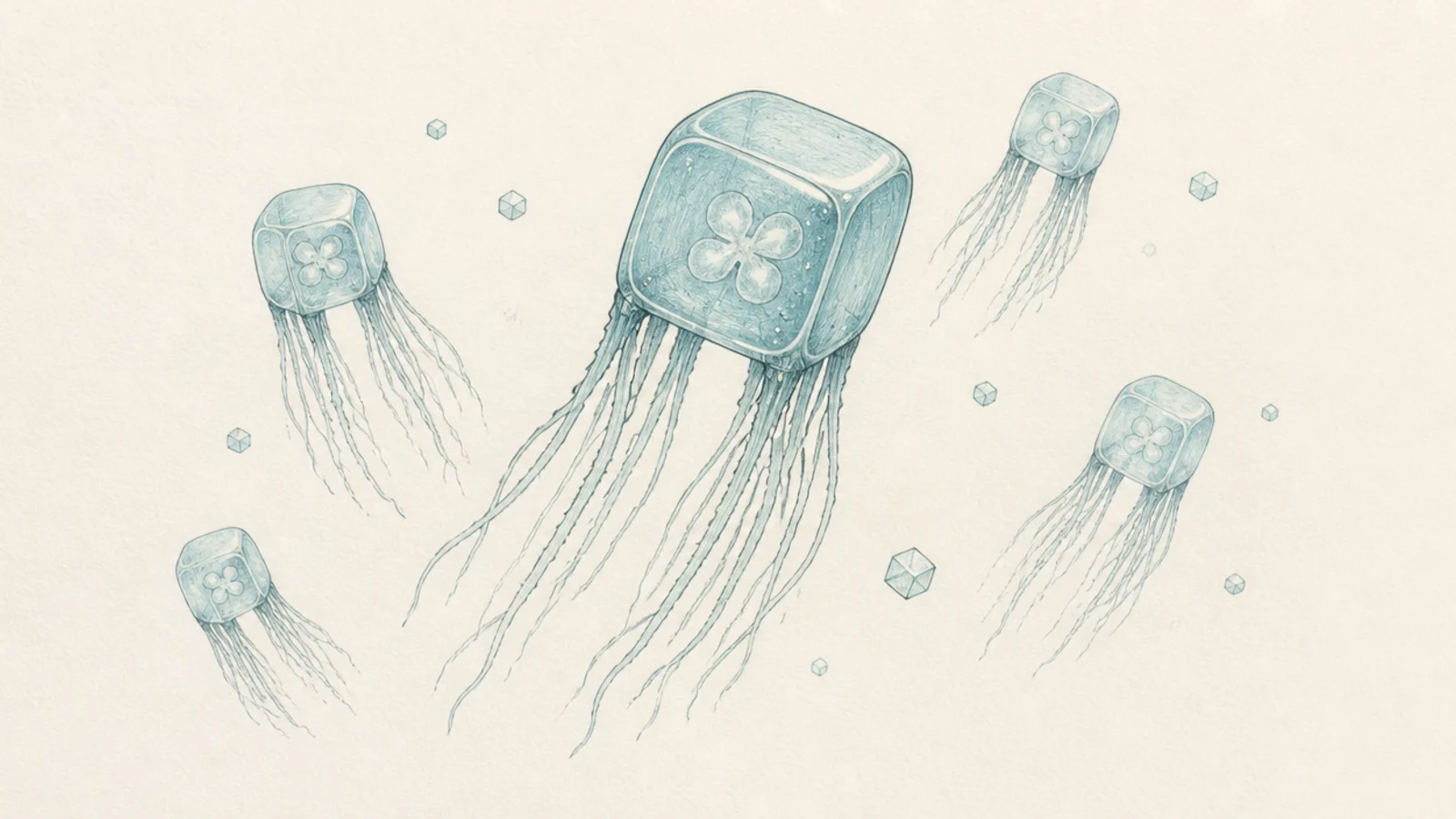 Several box jellyfish drifting together at different sizes