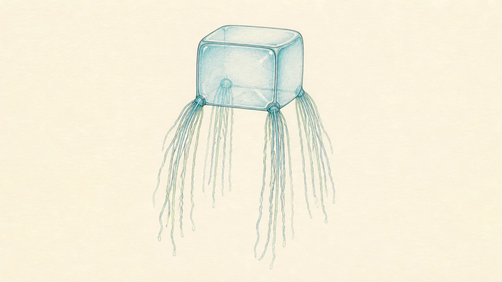 A glowing neon box jellyfish outlined in bright color on black