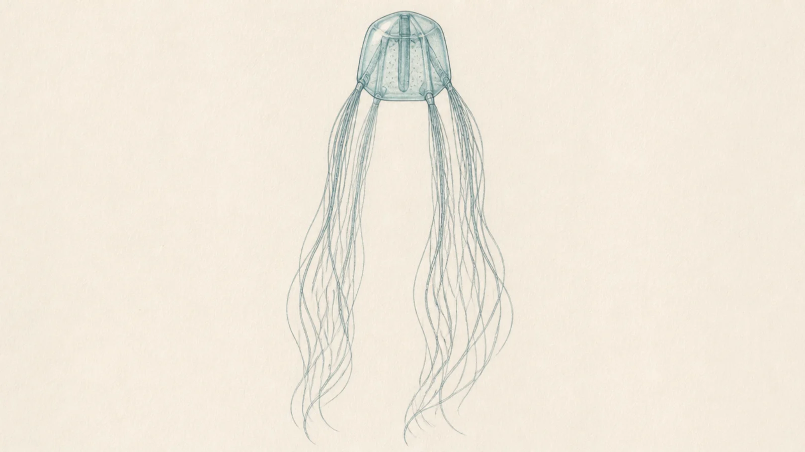 A box jellyfish with very long flowing tentacle bundles trailing far below